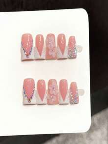 10PCS Duck Handmade Press On Nails, Lake Blue French Diamond,Suitable For Parties And Daily Wear,For Girls And Women Festivals Parties And Music Festival,Valentine's Day Mother's Day Gift. - Pink - View 12