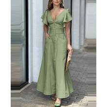 Nuevo vestido con cuello en V y mangas con volantes de color sólido, elegante vestido largo para ir al trabajo con un diseño que realza la cintura. - Azul - Ver 8