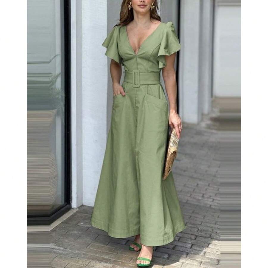 Nuevo vestido con cuello en V y mangas con volantes de color sólido, elegante vestido largo para ir al trabajo con un diseño que realza la cintura. - Verde - Ver 1