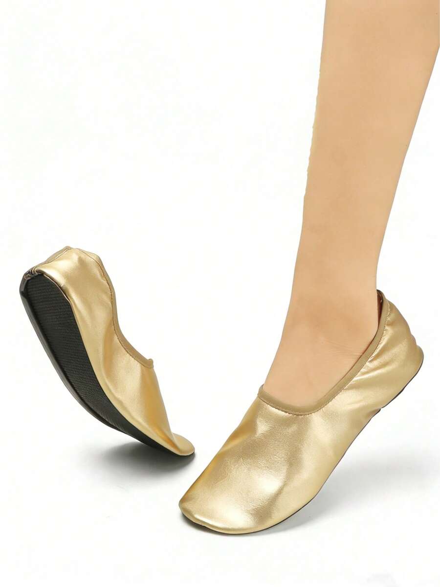 春夏新款金色芭蕾舞鞋，轻便赤脚可折叠套脚芭蕾/瑜伽平底鞋，女士便携式室内舞蹈拖鞋