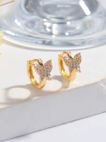 1 Pair Elegant Avant-Garde Floral Festival Fashion Zirconia Butterfly Hoop Earrings, Ideal For Women And Girls Daily Wear - Golden Butterfly - View 3