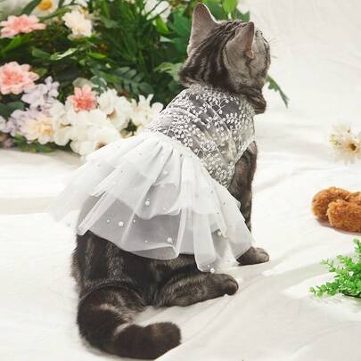1pc Pet Dog Dress, Lace Embroidery Lightweight Mesh Tulle Cake Dress, Suitable For Dogs/Cats & Small Pets At Weddings, Holidays, Parties