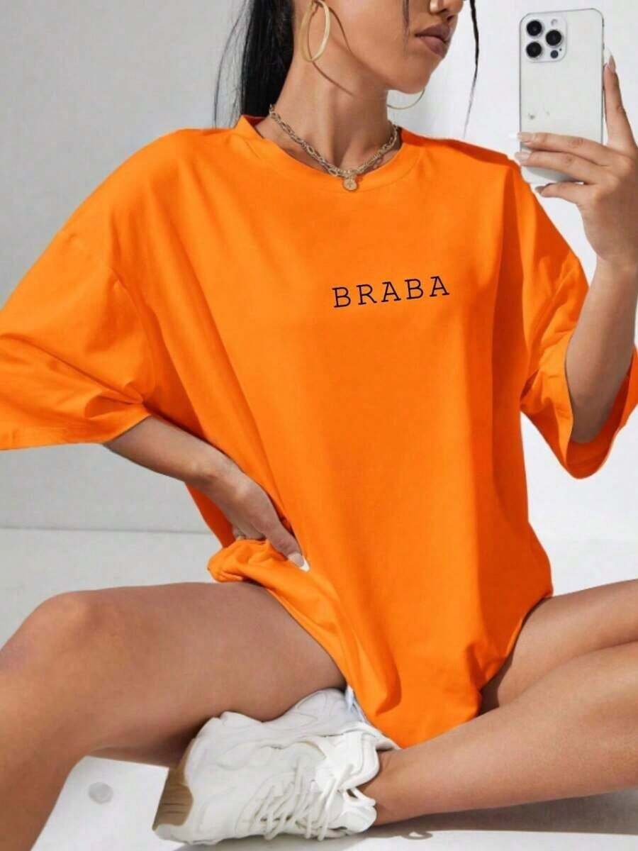 T-Shirt With Funny Phrase, Street Meme, Loose-Filled Sweatshirt - 橘色 - 查看 1