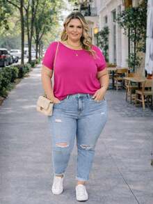Plus Size Plain Blouse, Casual, Modern, Basic, Current, Contemporary, Viscose/Lycra, For Everyday Work. - Fucsia - Ver 4