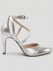 Comfortable 9cm Stiletto Heel Pump, Size 36 - Silver - View 3