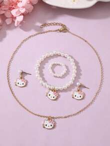 SANRIO 5件套三丽鸥仿珍珠合金项链、耳环、手链、戒指、吊坠首饰套装 - A - 查看 2