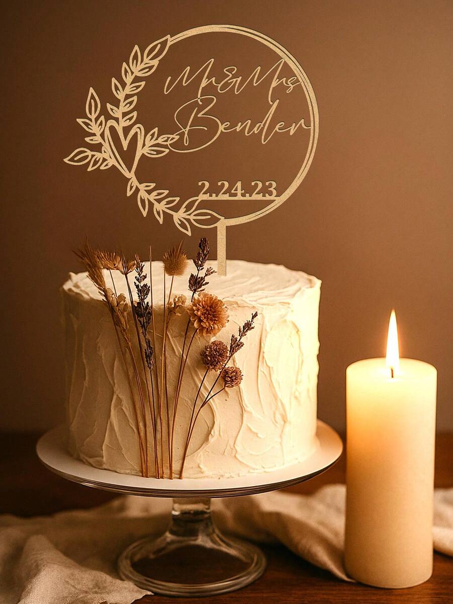 1pc Customized Wedding Cake Topper, Heart-Shaped Acrylic Cake Decoration Board With Personalized Name And Date, Fashionable Floral Wreath Wedding Cake Decor, Golden Boho Style, Customized Surname And Date, Multi-Color Options