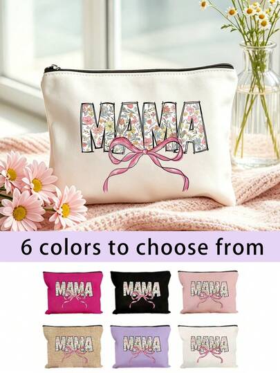 Mother's Day Gift Makeup Bag, Cosmetic Bag For Mom, Printed With Floral Pattern "Mama" Letters And A Bow, Zippered Toiletry Pouch For Toiletries, Makeup, Travel Essentials, 6 Colors Available, Portable Organizer Bag, Beach Bag,Transparent Toiletry Bag, Travel Pouch, Travel Makeup Bag, Ideal Gift For Mom, Wife, Grandma, Ideal For Honoring Mothers, Perfect For Mother's Day, Birthday, Thanksgiving, Mother's Day Gift
