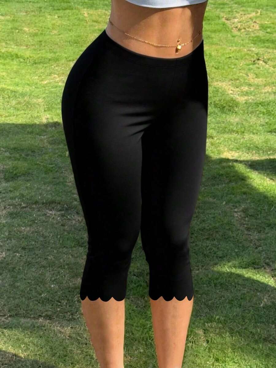 Women's Casual Elastic Capri Leggings, Solid Color Knit Polyester With Asymmetric Hem And Stretchy Waist, Suitable For Spring/Summer, Basic Tight Pants For All Seasons Black - Black - View 1