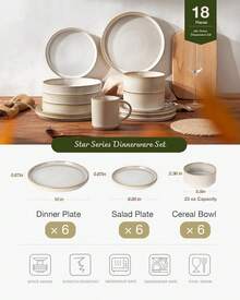 Richmount 18 Piece Stoneware Dinnerware Sets, Plates And Bowls Set For 6, Dishwasher And Microwave Friendly - 卡布奇諾白 - 查看 2