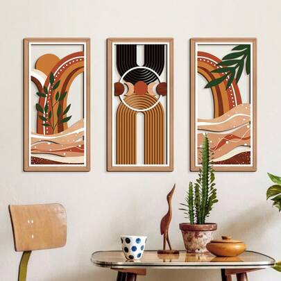 Bộ 3 tranh phong cách Bohemian, khung gỗ, tranh trừu tượng trang trí phòng khách và phòng ăn.
