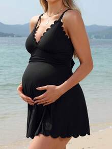 Elegant Maternity Knit Swimsuit Dress, V-Neck Design, Ruffle Trim, Sleeveless Short Style, High Elasticity & Comfort - Black - View 3
