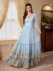 Women's Casual Long A-Line V-Neck Long Sleeve Layered Dress With Ruffle Hem - Baby Blue - View 1