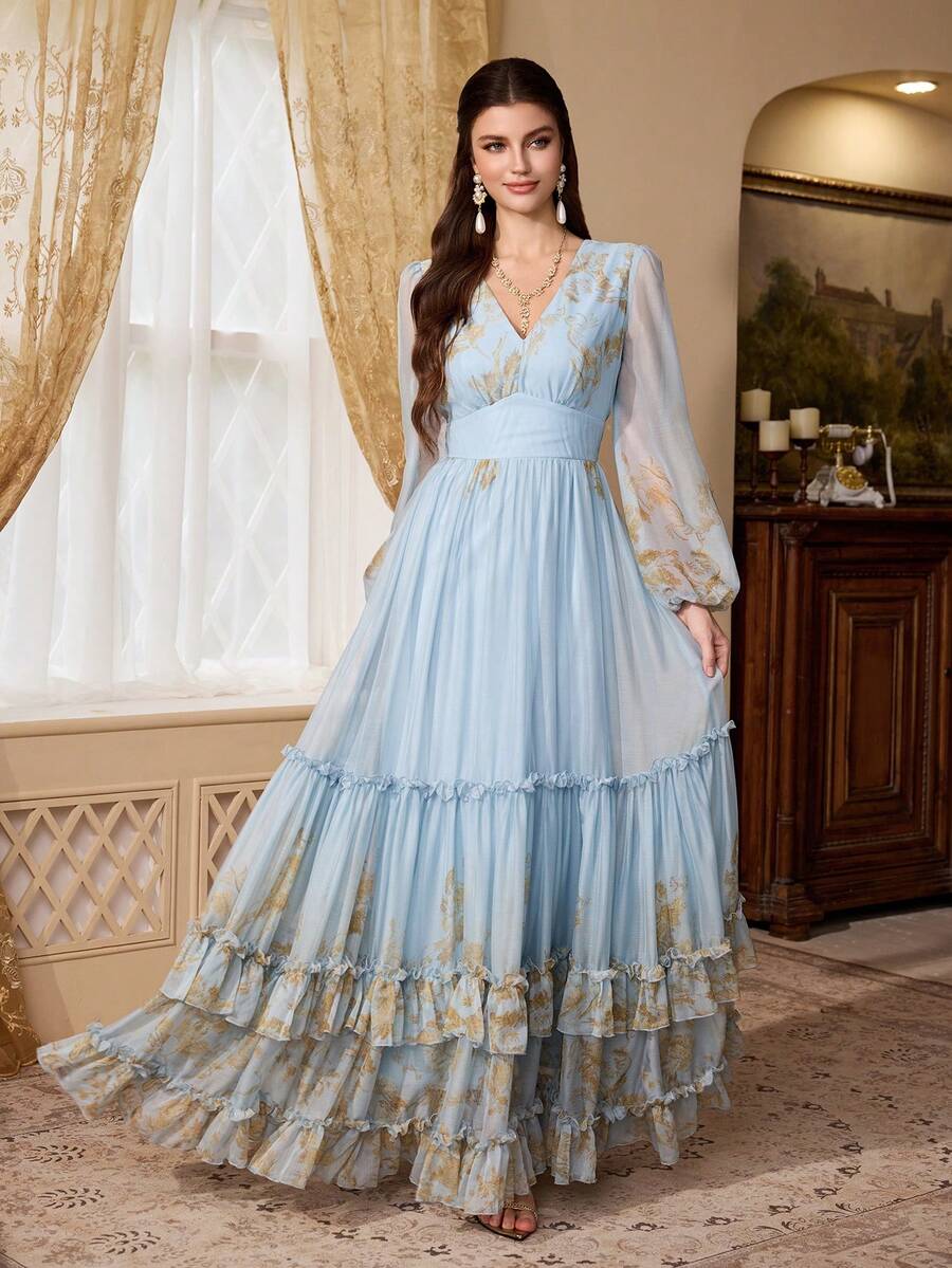 Women's Casual Long A-Line V-Neck Long Sleeve Layered Dress With Ruffle Hem - Baby Blue - View 1