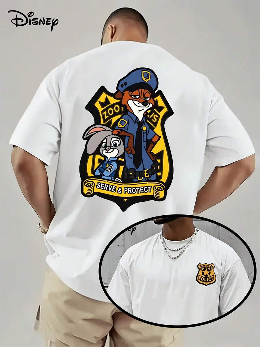 [Disney Licensed]Disney Zootopia Judy Hopps Nick Wilde Police1 Badge Graphic T-Shirt, Men's Oversized Front & Back Print Short Sleeve Tee, Retro Zootopia Themed Top For Summer Daily Wear, Back To School, Zootopia Fans Gift, Casual Outings & Teen Fashion, Disney Officially Authorized Men's Short-Sleeved T-Shirts, Mens Clothes, Men, Ropa De Hombre, Summer Clothes, Men Shirts, Graphic Tees, Disney Outfits Men, Graphic Tees, Camisetas Para Hombre, Camisas Para Hombre, Summer Outfits For Men, Father's Day Gift, Perfect Gift For Family And Friends, Which Are Necessary For Birthday Parties, Disney Shirts, Mens Clothes, Summer Clothes, Officially Licensed Disney T-Shirts, Disney Men's And Women's Spring/Summer Fashion Casual Short-Sleeve T-Shirts - 白色 - 查看 1