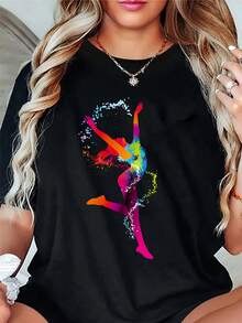 Plus Size Cotton T-Shirt For Women, Ideal For Summer. Ballerina Girl Print - Casual And Fashionable Sporty T-Shirt For Women. The Material Is Sweat-Wicking, Soft, And Comfortable Against The Skin. - 黑色 - 查看 6