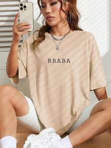 T-Shirt With Funny Phrase, Street Meme, Loose-Filled Sweatshirt - 米色 - 查看 2