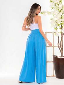 Wide-Leg, Loose-Fitting Palazzo Pants In Viscose/Lycra Knit Fabric With A Wide Waistband And High Waist And Pleats. - Baby Blue - View 5