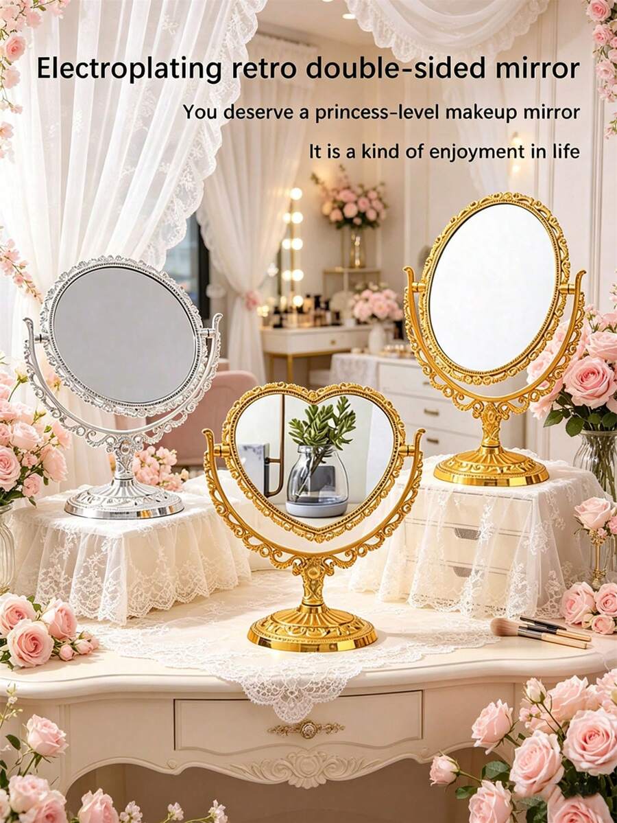 1pc European Style Double-Sided Makeup Mirror, Exquisite Design And Craftsmanship, Heart-Shaped Vanity Mirror, Suitable For Valentine's Day, Wedding, Birthday Party, Bathroom, Vintage Decor, Home Decor, Indoor Decorative Aesthetics