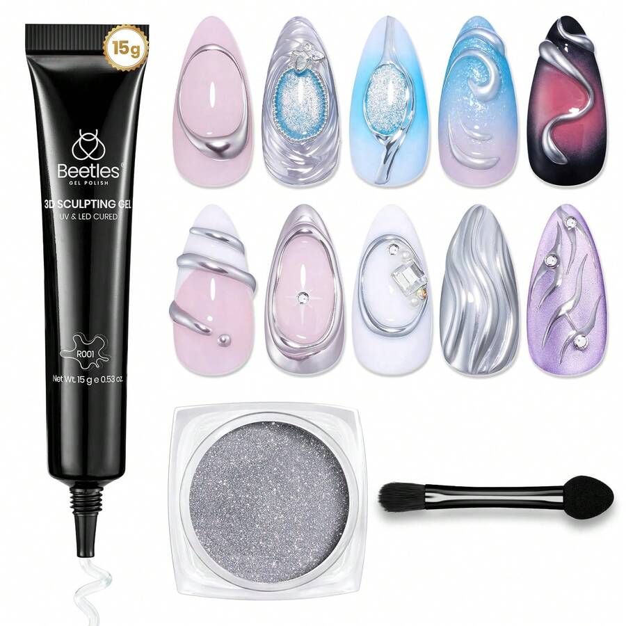 15ML Beetles 3D Gel Nail Art Set, 3-In-1 Clear No Wipe Sculpting Gel, Multi-Use For Drawing, Molding & Rhinestone Bonding Glue Gel, Comes With Silver Chrome Nail Powder, DIY Nail Decoration Supplies - 15ml sculpting gel - 查看 1