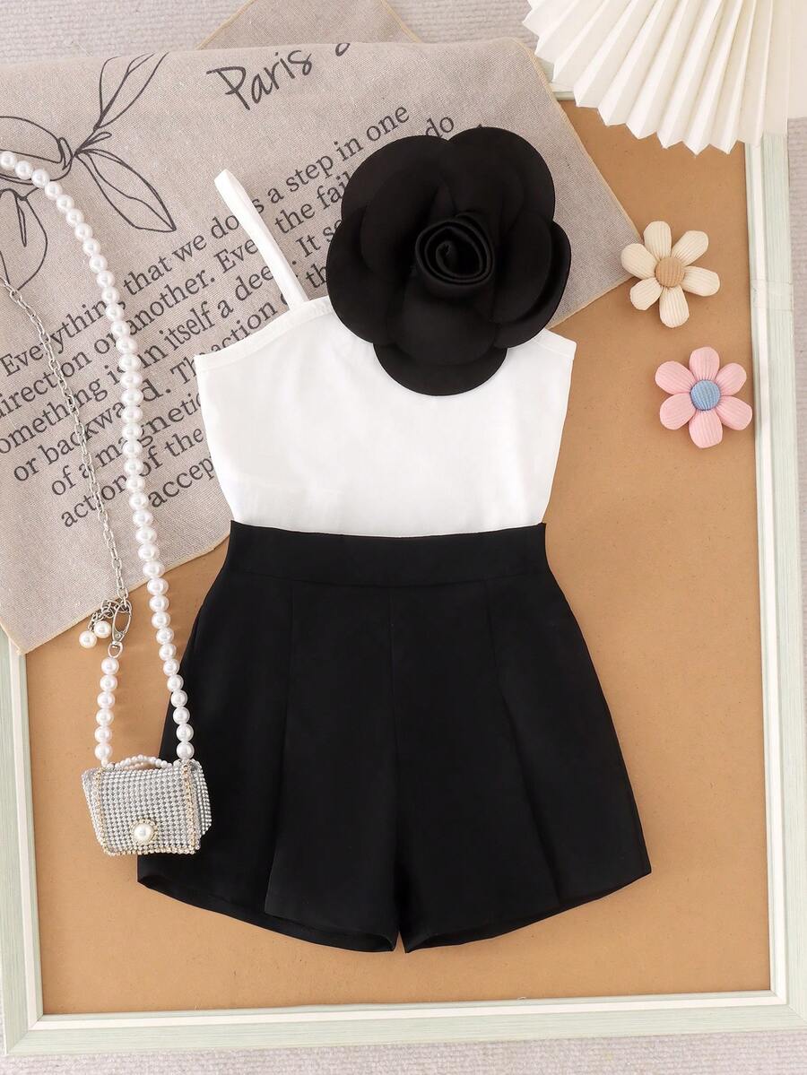 2pcs Young Girls Elegant Luxury Spaghetti Strap Top Paired With Black Shorts Set, Summer Vacation Style - Black and White - View 1
