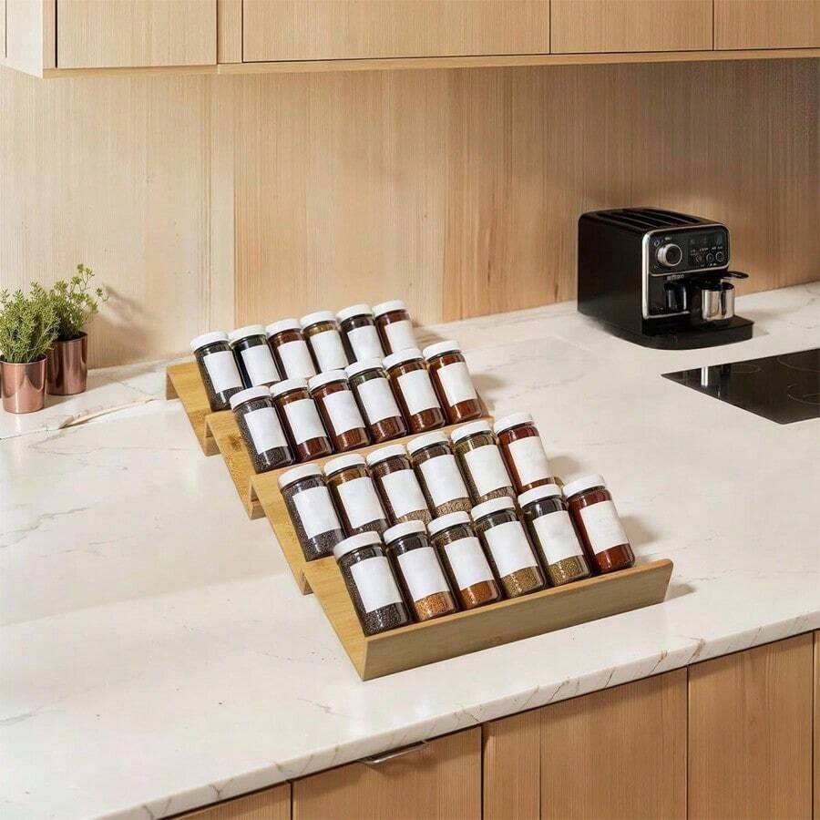 4pcs Stackable Bamboo Drawer Spice Rack, Expandable Tilted Spice Organizer Tray For Drawers - Bamboo Spice Rack - View 1