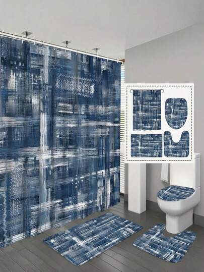 1/4pcs Graffiti Print Pattern Shower Curtain Set, Elegant Modern Design Home Decor, Bathroom Curtains, Complete 4pcs Toilet Mat Set, Easy Installation With 12 Durable Hooks - Perfect Gift For Friends And Family