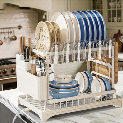 Étagère de rangement de cuisine à double couche, drainage rapide, avec porte-couverts et porte-planche à découper, garde les plans de travail secs - Étagère de rangement multifonctionnelle pour vaisselle économisant l'espace, peut contenir des assiettes, etc., étagère à vaisselle | Étagère en métal élégante | Fournitures de cuisine durables, rangement et organisation de cuisine