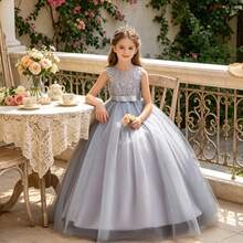 Long Tulle Princess Dress, Girls Formal Gown For Wedding, Birthday Party, Recital, Flower Girl Dress - Grey - View 3