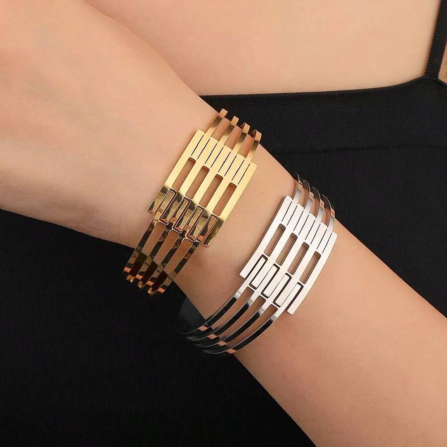 1 Stück europäisch-amerikanisches mehrschichtiges Cut Out geometrisches Linien-Armband, aus Edelstahl gefertigt, übertrieben modischer Personalisierter Stil, geeignet für den täglichen Gebrauch und als Geschenk für Freunde - Gold - Übersicht 1