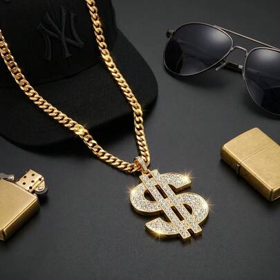 Một chiếc vòng cổ dạng dây chuyền có họa tiết hình dấu đô la, đính đá quý, mạ vàng giả, theo phong cách . | Phụ kiện trang sức phong cách đường phố hip-hop mùa hè | Phù hợp cho cả nam và nữ, có thể dùng làm phụ kiện hàng ngày và trong các bữa tiệc.