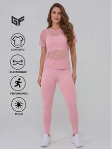 Women's 3-Piece Gym Set | Padded Top + Leggings + Tulle Blouse – Comfort & Elegance, Stylish And Transparency-Free Women's Gym Outfit - 淺粉色 - 查看 3