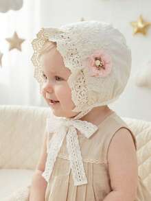 1pc White Pointed Lace Flower Retro Hat, Embroidered Headpiece, Soft Regal Style Cap - Pink Floral Print - View 8