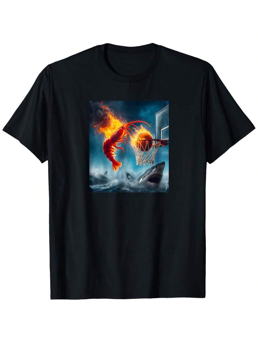 Y2K 2026 Meme Graphic T-Shirt "Shrimp Throwing At A Shark" - 100% Cotton, Loose Fit, Unisex For Men And Women, Casual Outdoor Hiking Tee, Comfort For Spring, Summer And Fall, Comfortable Cotton T-Shirt, Vibrant Print, Humorous Design, Durable Fabric, Daily Outfit, Breathable Material, Short Sleeve Tee, Summer Set For Street Style Fans. - 黑色 - 查看 1