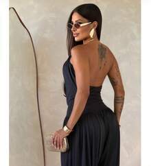 Women's  Jumpsuit With Draped Neckline, Low Waist, Bow, Open Back, Luxurious And Sophisticated. - 黑色 - 查看 2