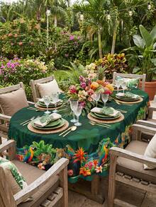 1 pieza Mantel con estampado de leopardo, loro y flores exóticas de estilo tropical y selva en color verde oscuro, estilo vintage elegante 100% poliéster, redondo/ovalado/rectangular/cuadrado con volante, a prueba de polvo y lavable para decoración del hogar, cocina, boda, mesa de comedor, centro de la habitación, decoración retro - Multicolor - Ver 8