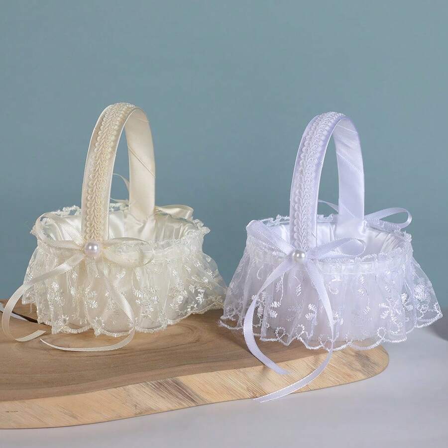1 chiếc giỏ hoa trắng, giỏ hoa cài áo bằng vải ren có nơ, giỏ hoa rải cánh hoa cho bé gái dự đám cưới, phụ kiện trang trí đám cưới/tiệc tùng/khiêu vũ hiện đại lãng mạn.