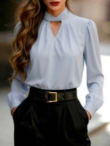 French Elegant Draping Shirt For Women, Unique Design, Solid Color With Ruffle Trim Spring - Light Wash - View 3