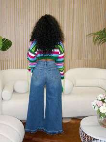 Womens Loose Wide Leg Flare Jeans Side Wide Design High Waist Comfort Denim Pants Casual Fashion Vintage Style Plus Size Stretchy Soft Material Classic Blue Black Washed Distressed Lightweight Breathable Skinny Bootcut Retro Chic Streetwear Everyday Wear Staple Wardrobe Essential Must Have Popular Best Seller Top Rated (Non-Stretch ) - Màu xanh lam - Xem 2
