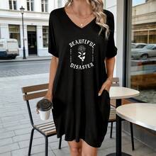 V Neck T Shirt Dress Black Beautiful Disaster Rose Print Casual Outfit - 黑色 - 查看 3