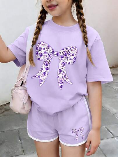 Girls' Floral & Bow Print Round Neck T-Shirt + Shorts Set, Comfortable Summer Outfit For Teenagers