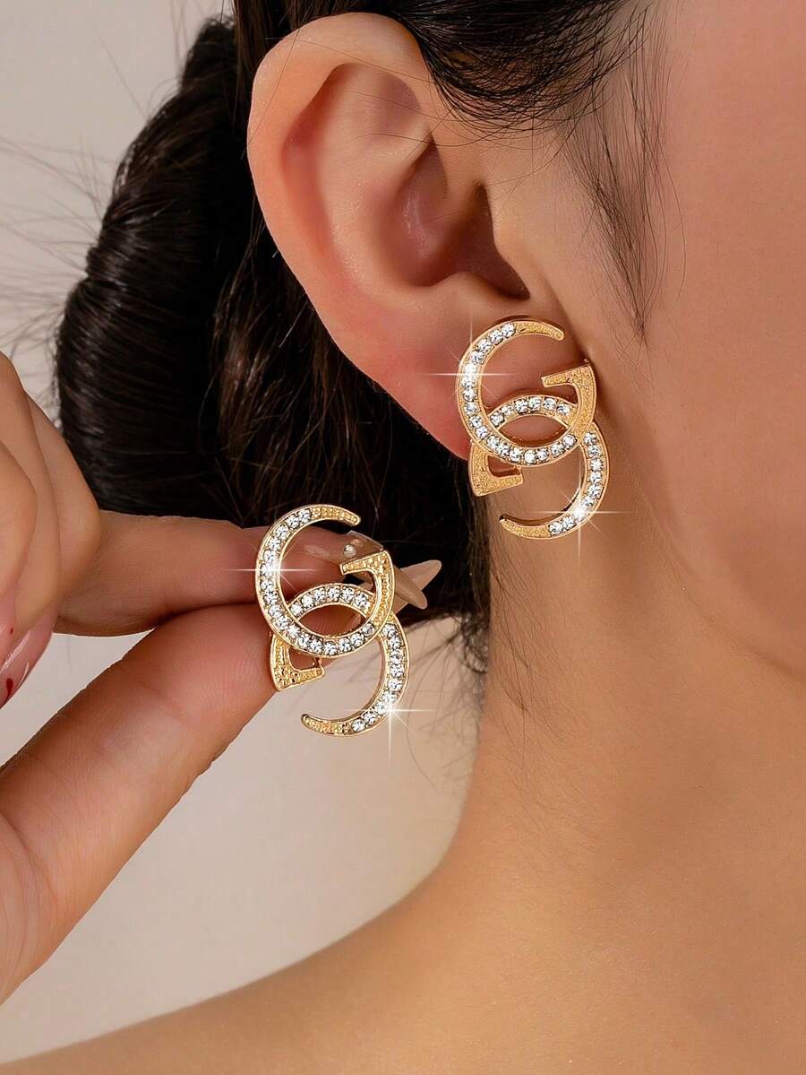 1 Pair Geometric Fashionable Letter Stud Earrings, Suitable For Daily Wear - Gold - View 1