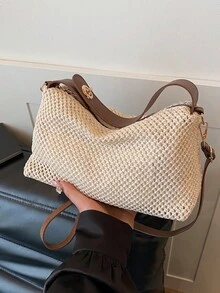 1个白色编织顺滑拉链优质钩金属旋锁时尚百搭休闲纯色简约春夏新款独立波西米亚风女士手提包，适合女性日常使用 - 白色 - 查看 8