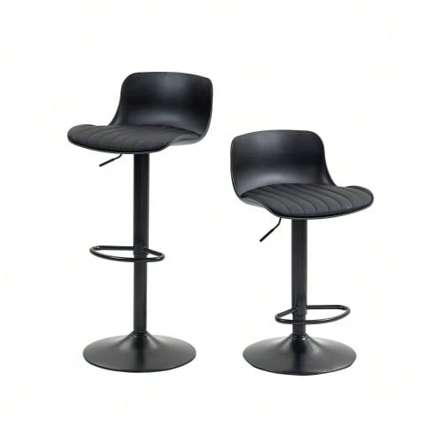 Modern Adjustable Swivel Bar Stool Set Of 2, Plastic Backrest & Faux Leather Seat, Gas Spring Height Adjustment, Metal Base With Footrest, Kitchen Counter/Bar Stool - Black - View 1