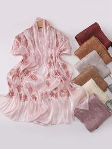 Khăn trùm đầu thêu hoa 3D trang nhã, màu trơn, chất liệu organza đính sequin, kiểu dáng thanh lịch, thích hợp cho áo Abaya, mùa xuân/hè, đi nghỉ mát, du lịch. - Nhiều màu - Xem 3