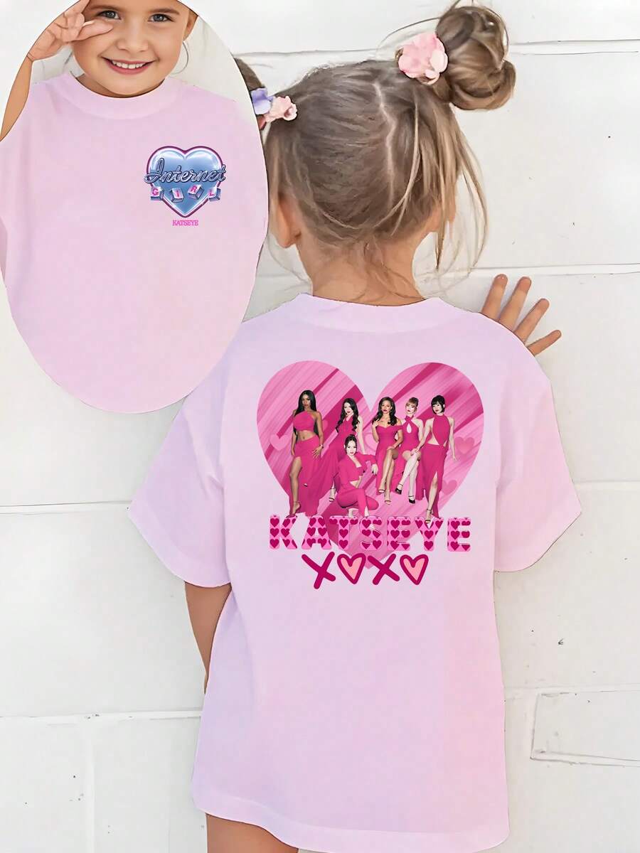 Girls KATSEYE K Pop Group Heart Photo Double Sided Print T Shirts Girls Kids Short Sleeve Casual Cute Wear Party Play Machine Washable Gift - 粉色 - 查看 1