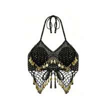 Bộ gồm 1 áo bra cổ yếm thủ công đính sequin và dây buộc tua rua, kết hợp với chân váy kiểu saree đính sequin. Hoàn hảo cho múa bụng, lễ hội, tiệc tùng, đi biển, phong cách boho và retro. - Nhiều màu - Xem 16