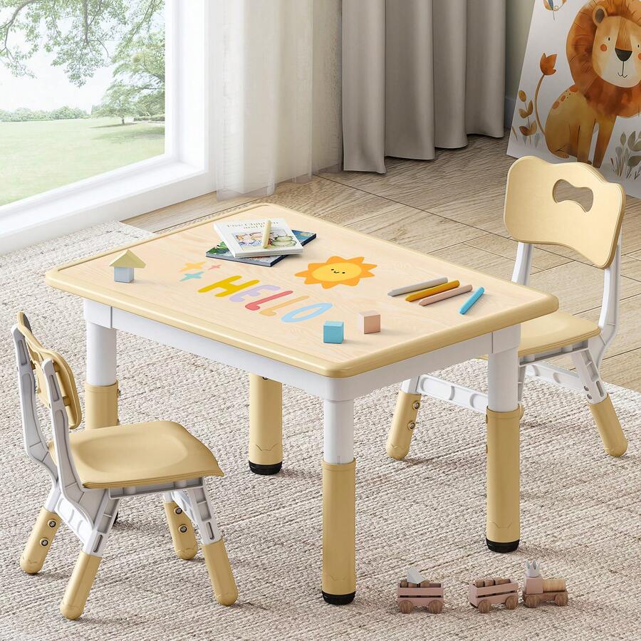 Kids Table And Chairs Set, Height-Adjustable Toddler Table And Chairs Set For Age 3-8, 31.5''Lx23.6''W Graffiti Desktop, Kids Activity Table For Daycare, Classroom, Home - Màu be - Xem 1