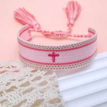 1pc Embroidered Cross Boho Handmade Woven Tassel Bracelet - Pink - View 4