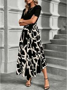 Women's Printed Maxi Dress Short Puff Sleeve Crew Neck Tie Waist Casual Long Dress For Daily Wear Party - 黑白 - 查看 4
